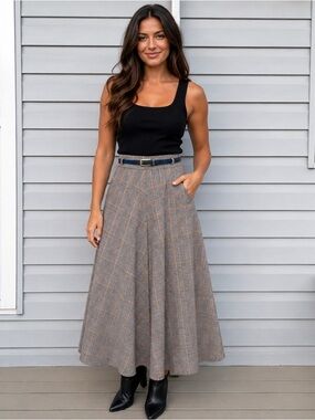 Vintage Plaid Wool Blend A-Line Midi Skirt With Belt
